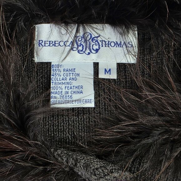 Rebecca Thomas Sweater Womens Medium Brown Feather Trim Cardigan Button Up - Picture 3 of 14